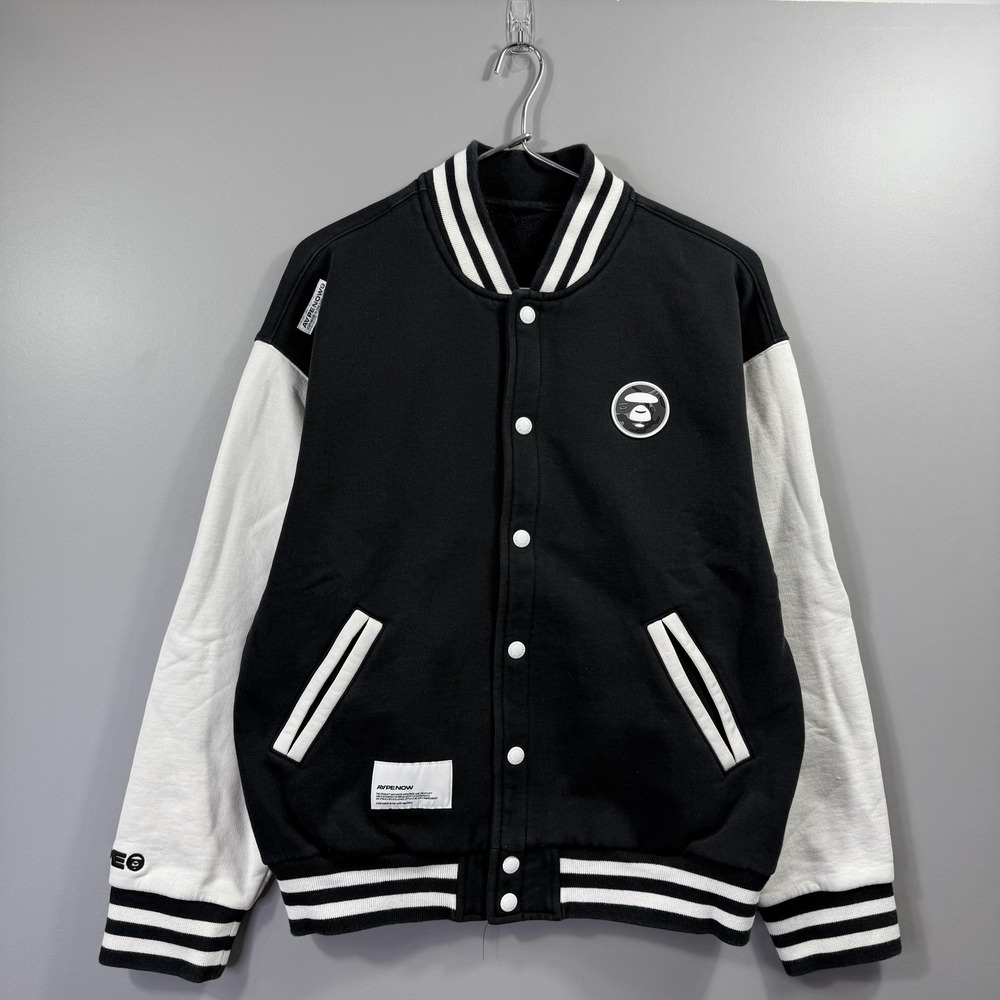 AAPE Jacket Mens Medium Black White Fleece Snap Front Varsity College Logo
